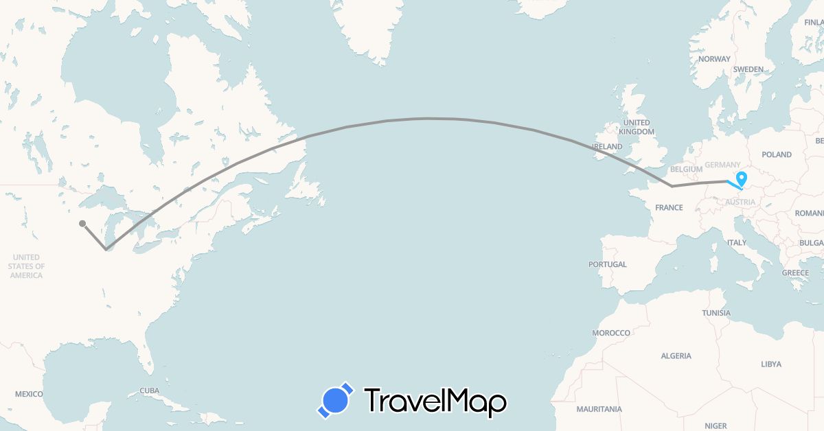 TravelMap itinerary: driving, plane, boat in Germany, France, United States (Europe, North America)